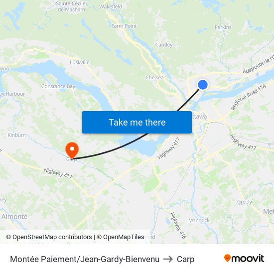 Montée Paiement/Jean-Gardy-Bienvenu to Carp map