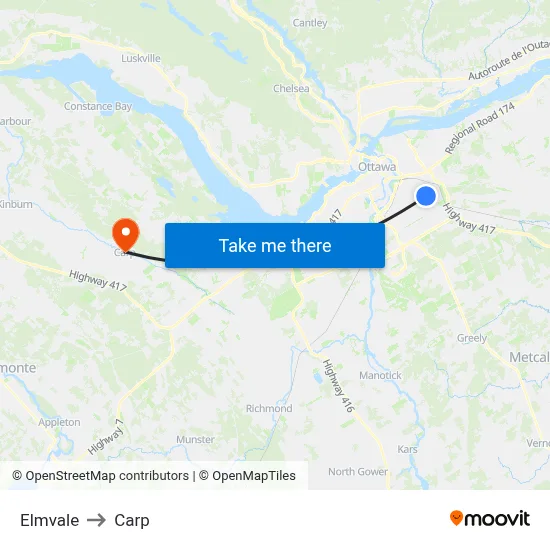 Elmvale to Carp map
