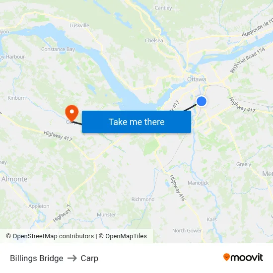Billings Bridge to Carp map
