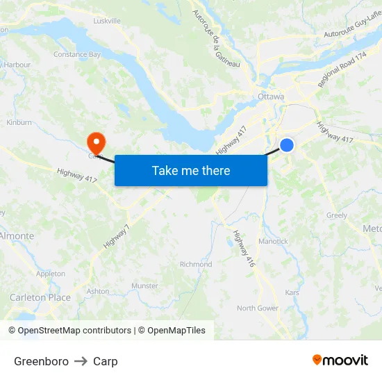 Greenboro to Carp map