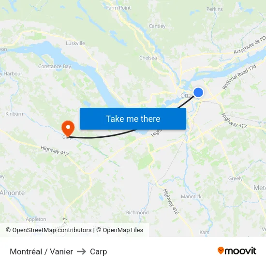 Montréal / Vanier to Carp map