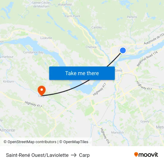 Saint-René Ouest/Laviolette to Carp map