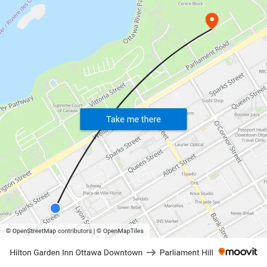 Hilton Garden Inn Ottawa Downtown to Parliament Hill map