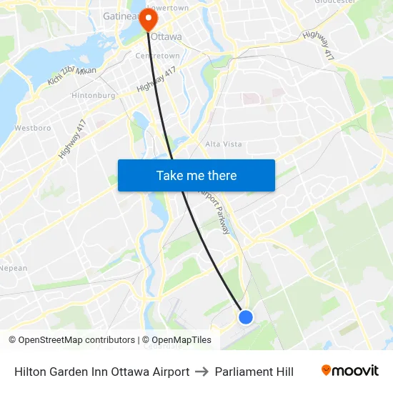 Hilton Garden Inn Ottawa Airport to Parliament Hill map