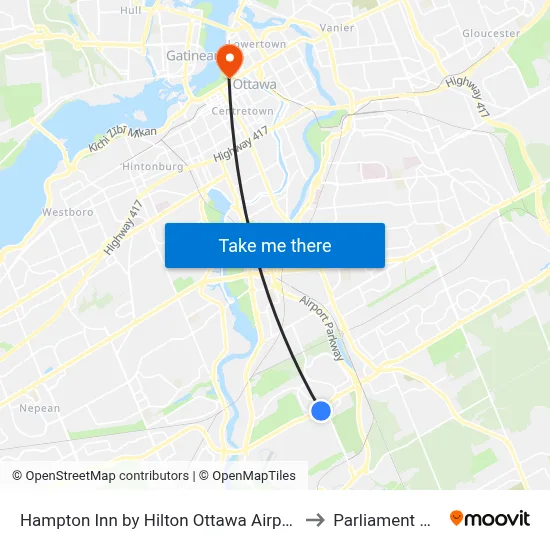 Hampton Inn by Hilton Ottawa Airport to Parliament Hill map