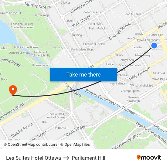 Les Suites Hotel Ottawa to Parliament Hill map