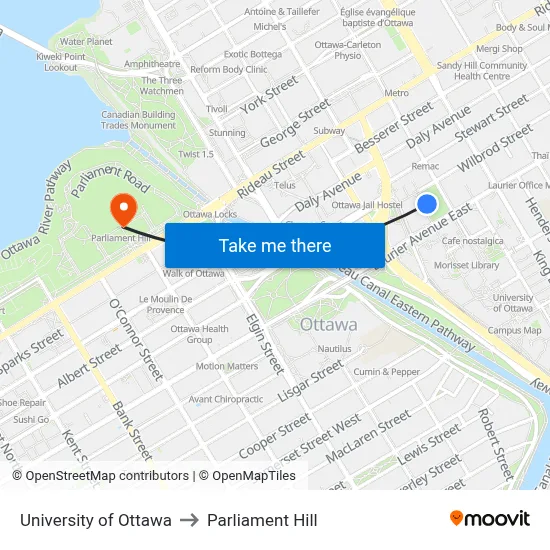 University of Ottawa to Parliament Hill map