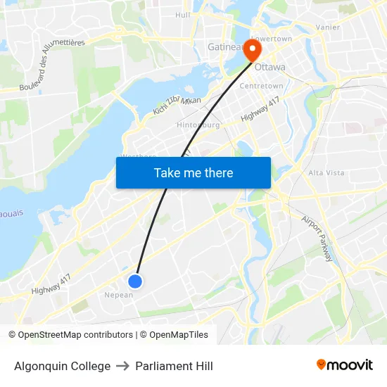 Algonquin College to Parliament Hill map