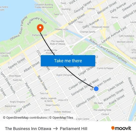 The Business Inn Ottawa to Parliament Hill map