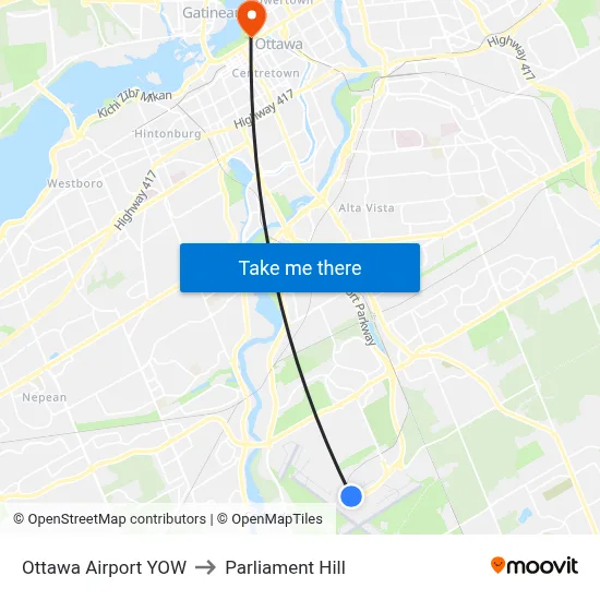 Ottawa Airport YOW to Parliament Hill map