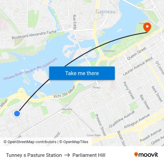 Tunney s Pasture Station to Parliament Hill map