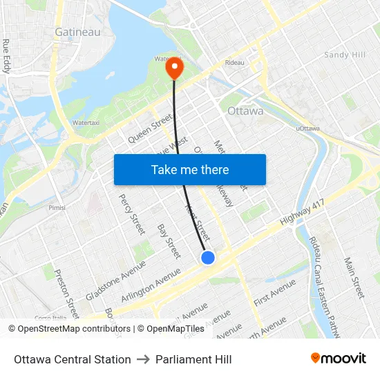 Ottawa Central Station to Parliament Hill map