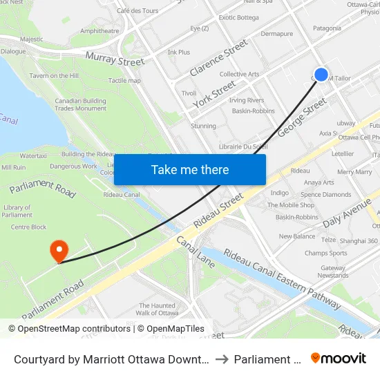 Courtyard by Marriott Ottawa Downtown to Parliament Hill map