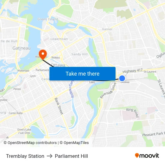 Tremblay Station to Parliament Hill map