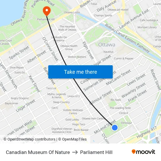 Canadian Museum Of Nature to Parliament Hill map