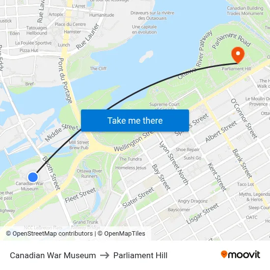 Canadian War Museum to Parliament Hill map