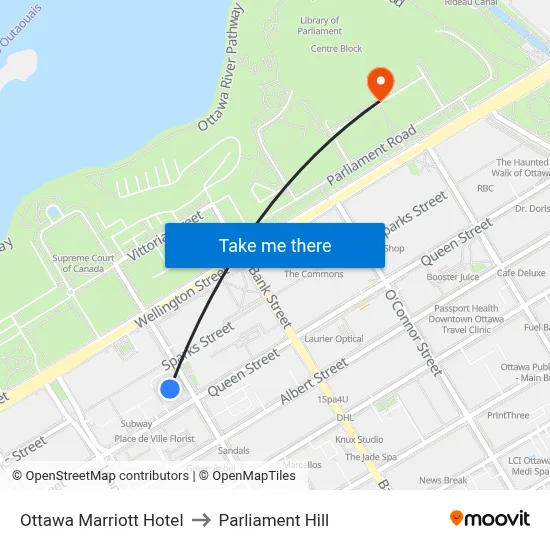 Ottawa Marriott Hotel to Parliament Hill map