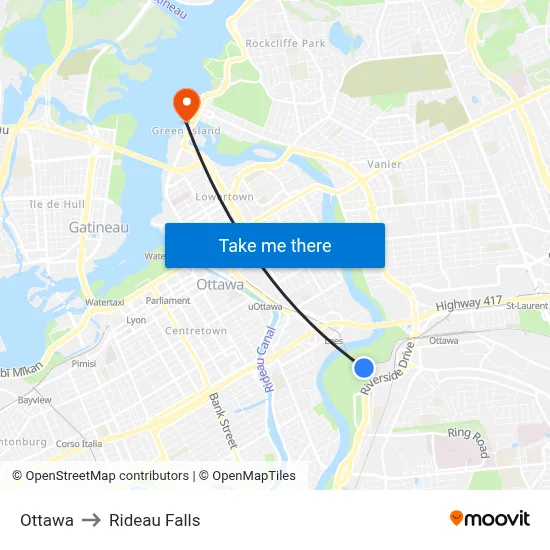 Ottawa to Rideau Falls map