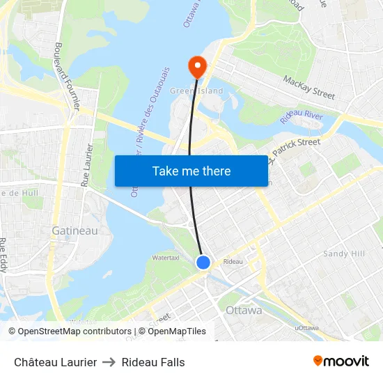 Château Laurier to Rideau Falls map