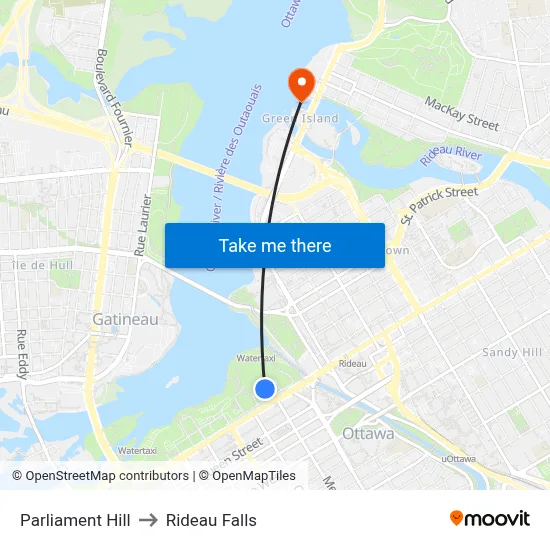 Parliament Hill to Rideau Falls map