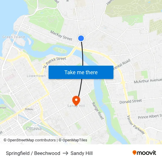 Springfield / Beechwood to Sandy Hill map