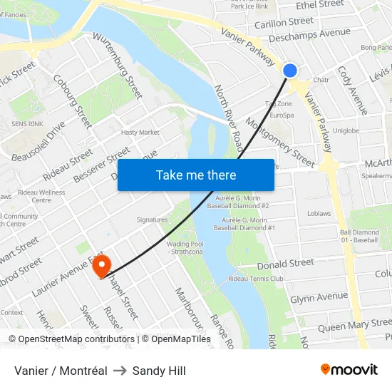 Vanier / Montréal to Sandy Hill map