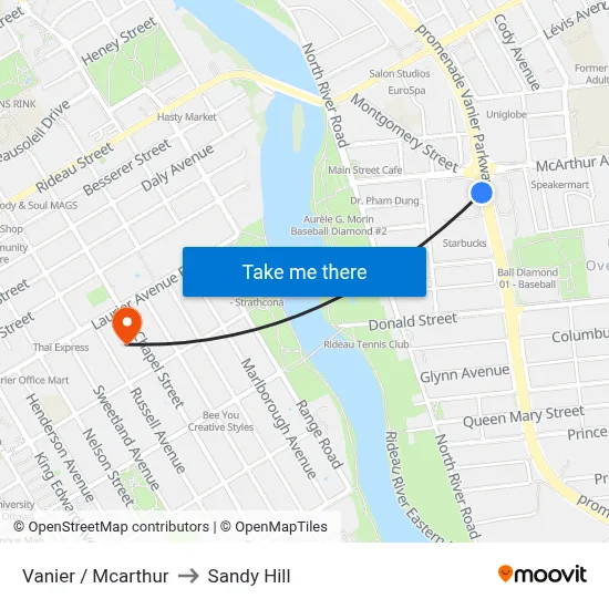 Vanier / Mcarthur to Sandy Hill map
