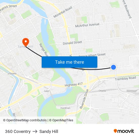 360 Coventry to Sandy Hill map