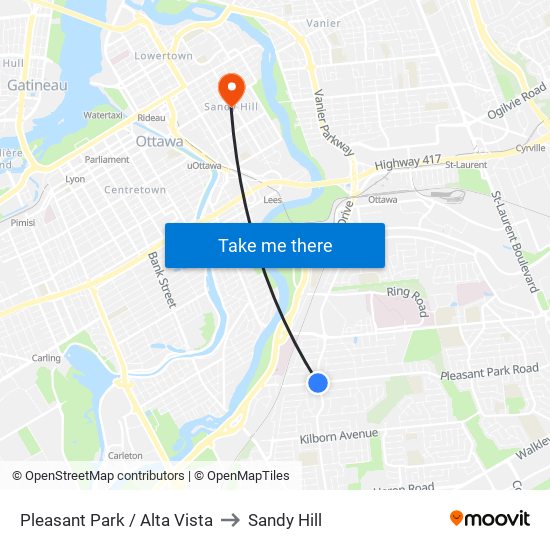 Pleasant Park / Alta Vista to Sandy Hill map