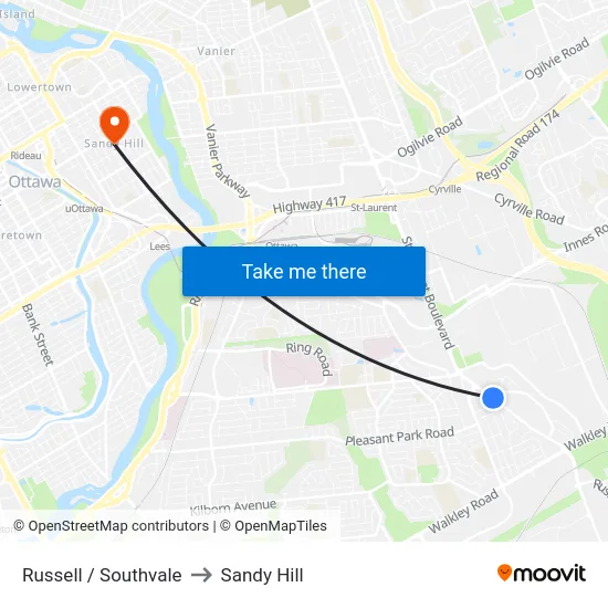 Russell / Southvale to Sandy Hill map