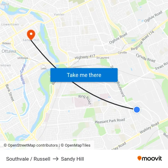Southvale / Russell to Sandy Hill map