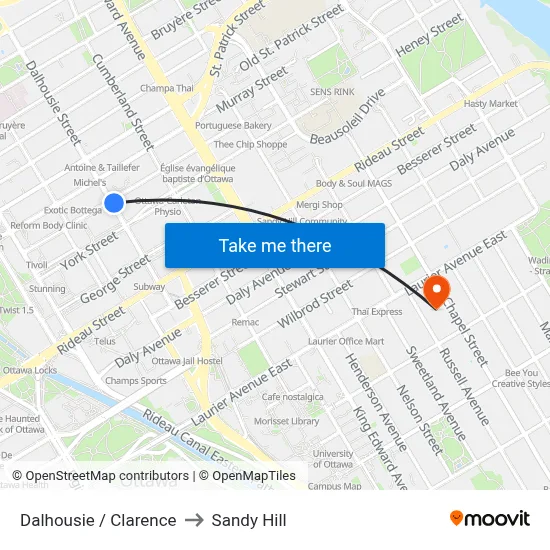 Dalhousie / Clarence to Sandy Hill map