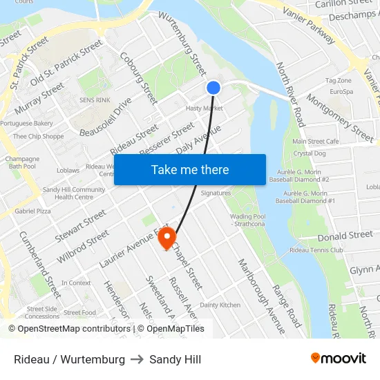Rideau / Wurtemburg to Sandy Hill map