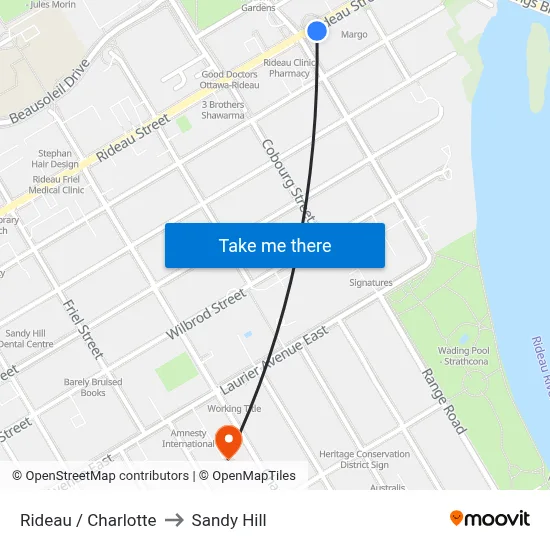 Rideau / Charlotte to Sandy Hill map