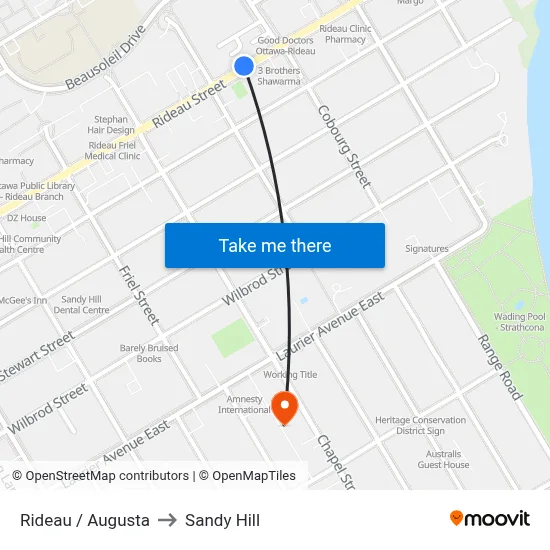 Rideau / Augusta to Sandy Hill map