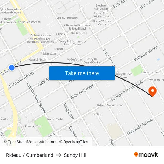 Rideau / Cumberland to Sandy Hill map