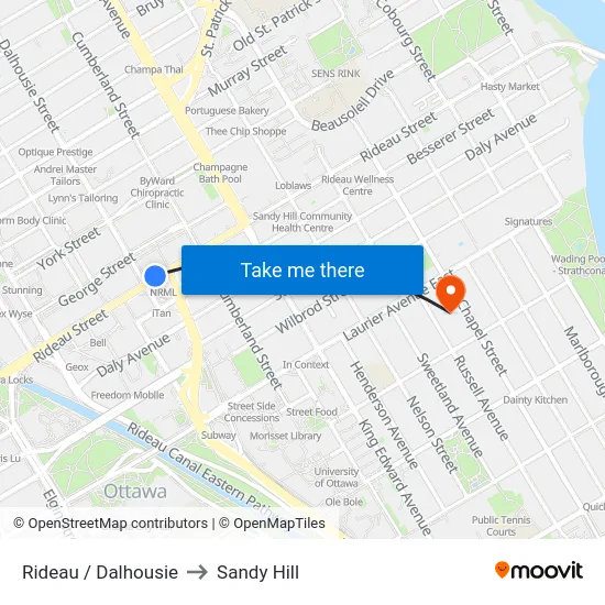 Rideau / Dalhousie to Sandy Hill map
