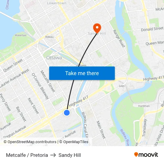 Metcalfe / Pretoria to Sandy Hill map