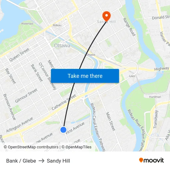 Bank / Glebe to Sandy Hill map