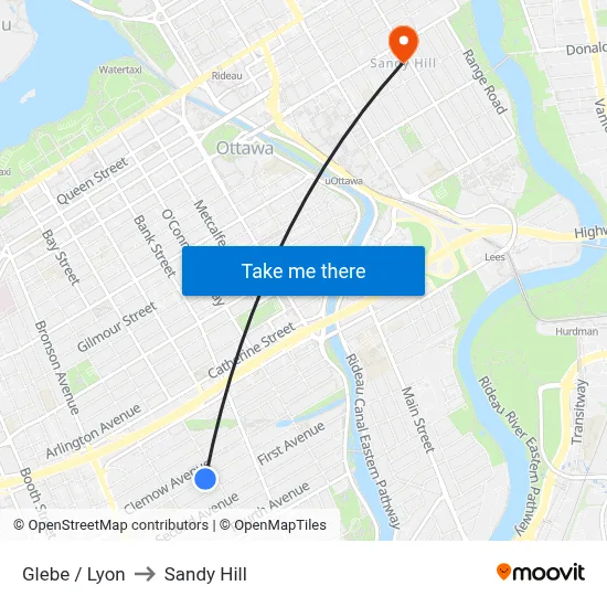 Glebe / Lyon to Sandy Hill map