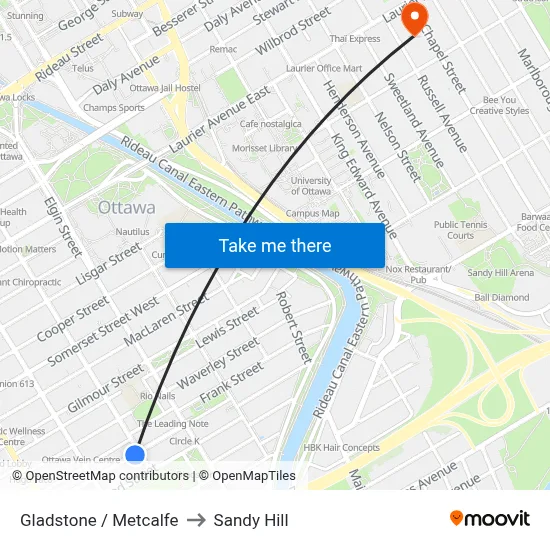 Gladstone / Metcalfe to Sandy Hill map