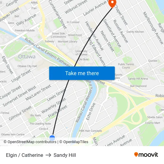 Elgin / Catherine to Sandy Hill map