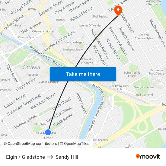 Elgin / Gladstone to Sandy Hill map
