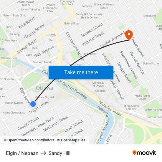 Elgin / Nepean to Sandy Hill map