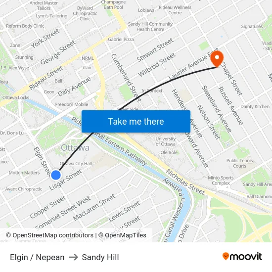 Elgin / Nepean to Sandy Hill map