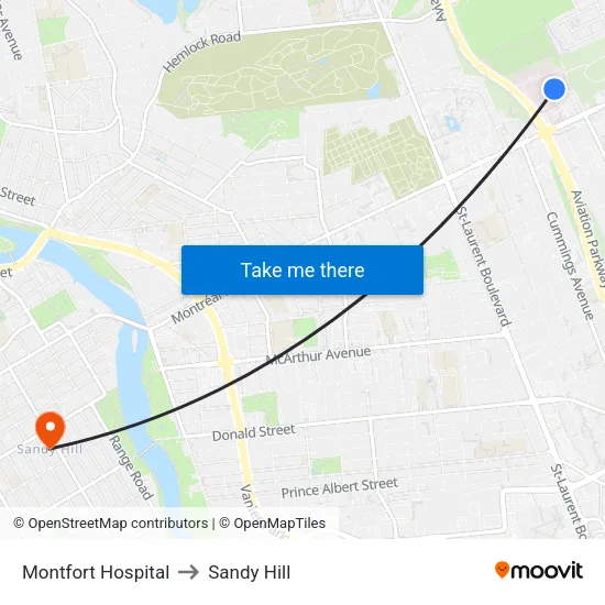Montfort Hospital to Sandy Hill map