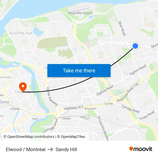 Elwood / Montréal to Sandy Hill map