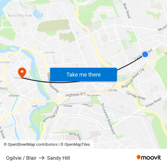 Ogilvie / Blair to Sandy Hill map