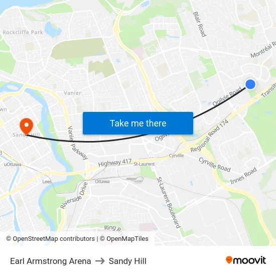 Earl Armstrong Arena to Sandy Hill map
