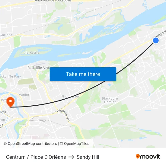 Centrum / Place D'Orléans to Sandy Hill map